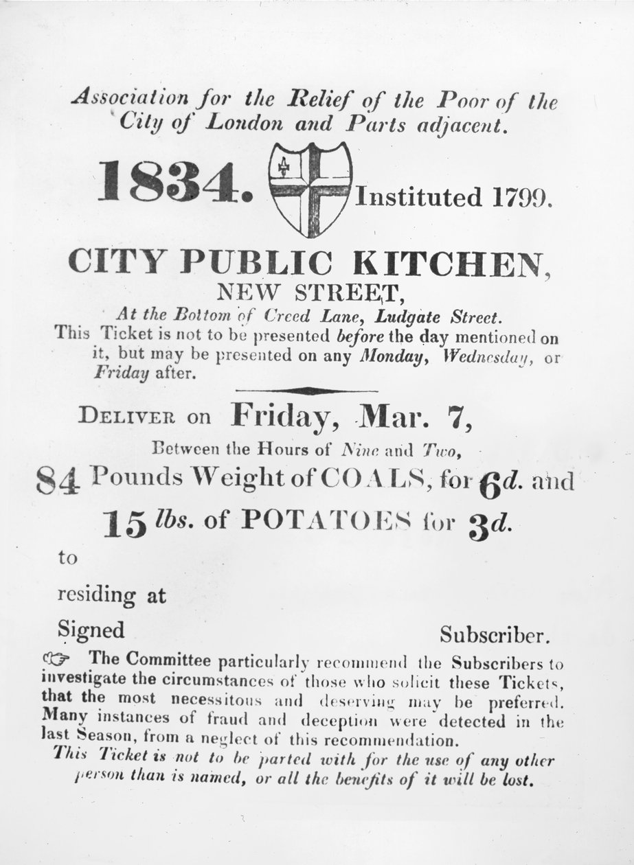 Boleto emitido a los pobres para recibir carbón y papas de la Cocina Pública de la Ciudad, New Street, Londres, 1834 de English School