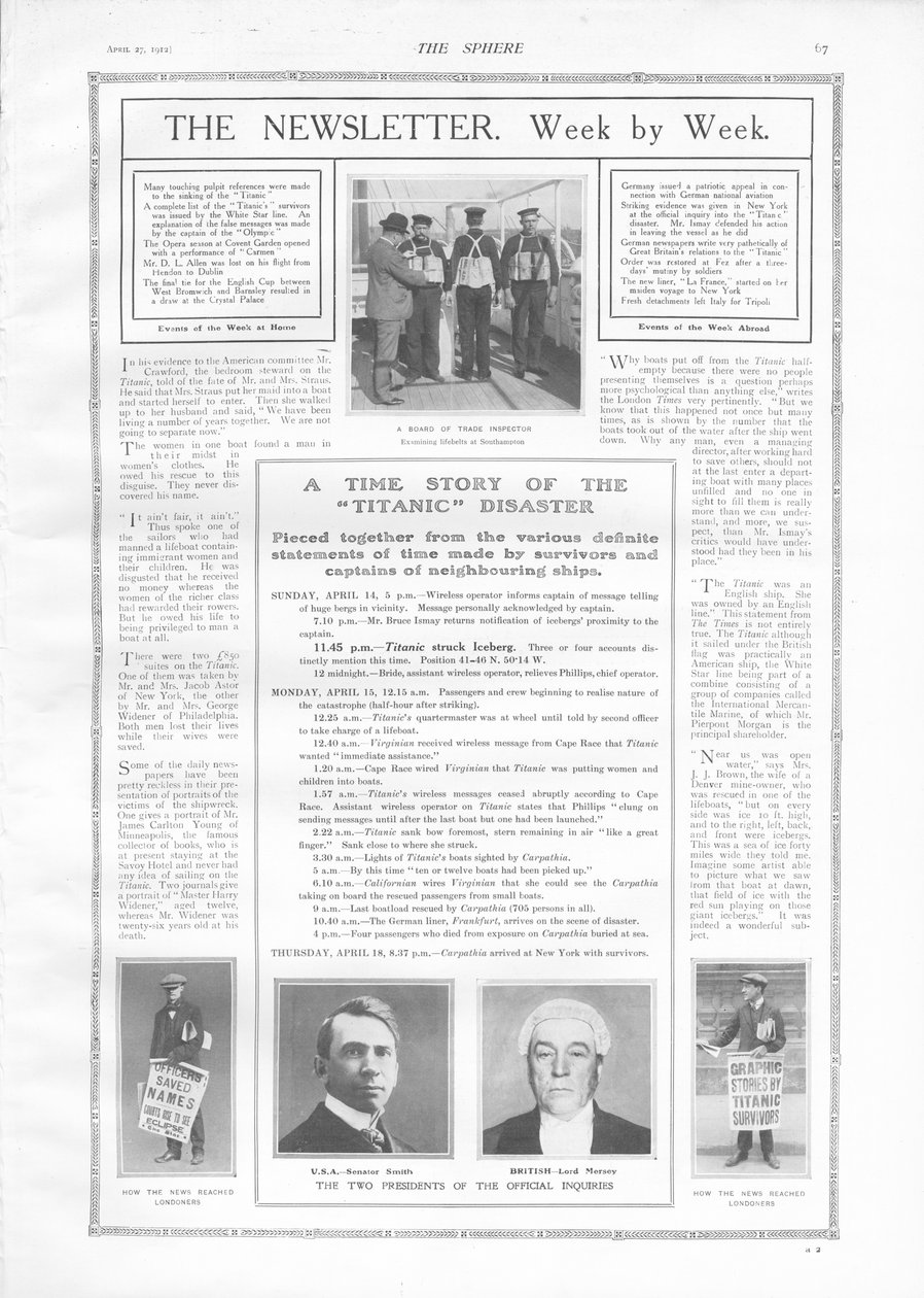 Cronología de eventos y artículos sobre el hundimiento del Titanic, de The Sphere, 27 de abril de 1912 de English School