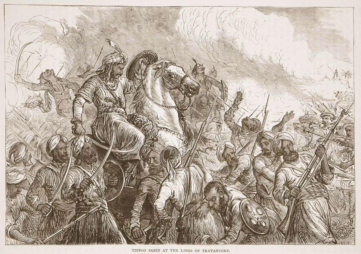 Tippoo Sahib en las líneas de Travancore, ilustración de Cassells Illustrated History of India de James Grant, pub. 1879 de English School