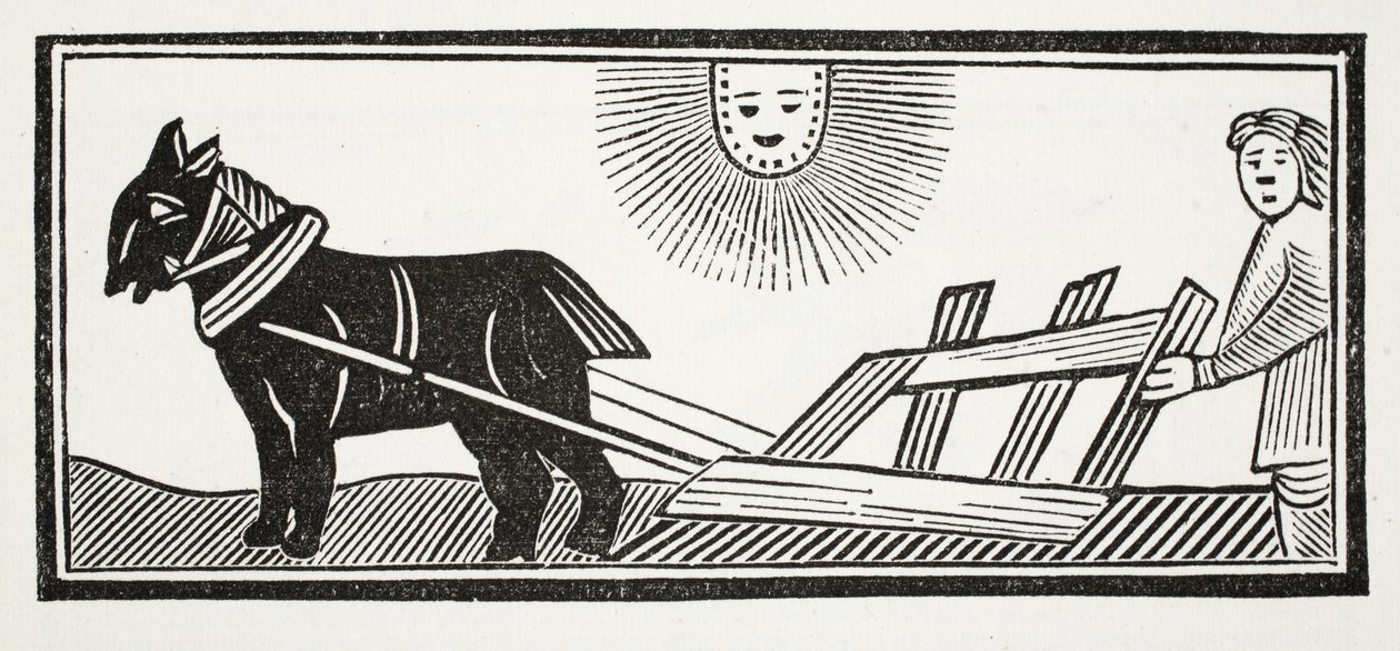 Es un arado que rompe las entrañas de la Tierra para la siembra de maíz, ilustración de Chap-books del siglo XVIII de John Ashton, pub. 1882 de English School