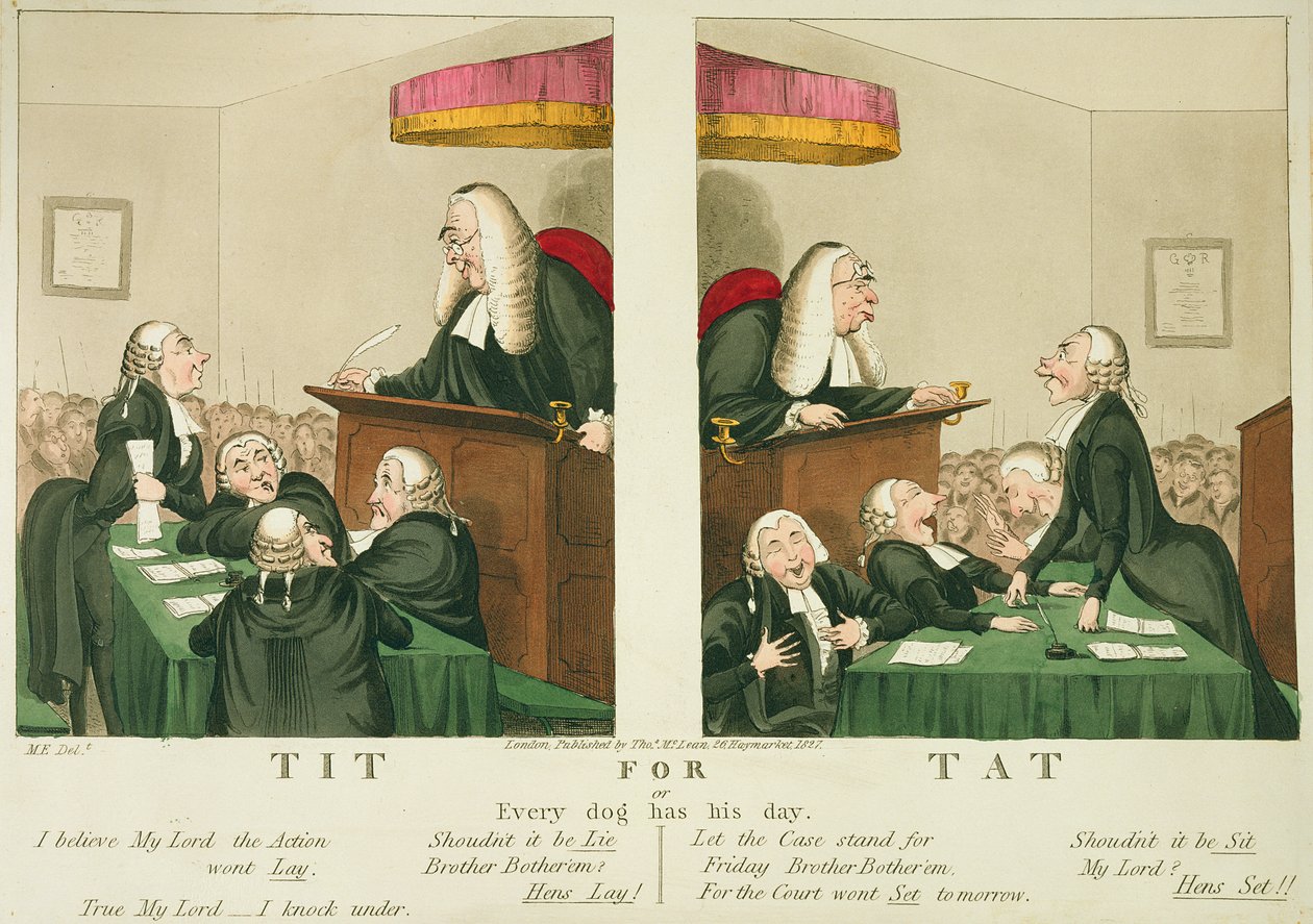 Ojo por ojo, o cada perro tiene su día, publicado por Thomas McLean, Londres, 1827 de English School
