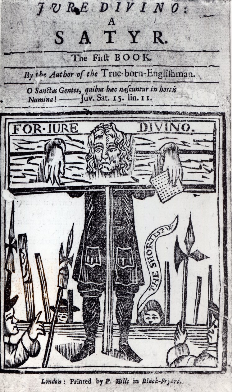 Página de título del primer libro de Jure Divino - Una sátira por Daniel Defoe (1660-1731) publicado en 1706 de English School