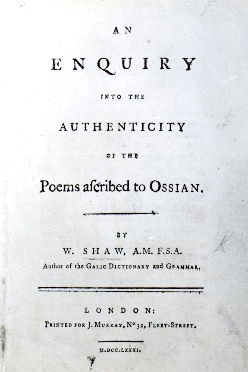Página de título de An enquiry into the authenticity of the poems ascribed to Ossian por William Shaw, publicado en 1781 (papel impreso) de English School