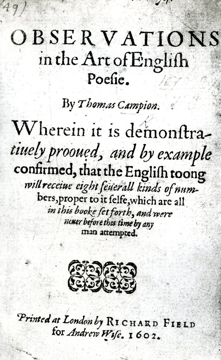 Página de título de Observaciones en el arte de la poesía inglesa de Thomas Campion, publicado en 1602 de English School