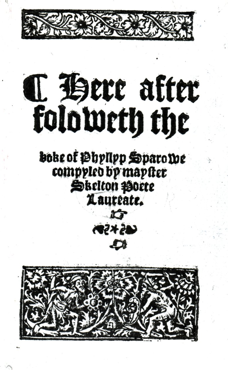 Página de título de El libro de Phyllyp Sparowe de John Skelton, publicado c.1550 de English School