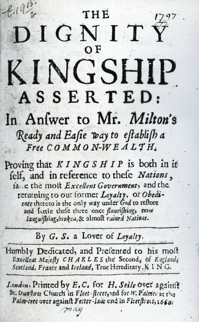 Página de título de La dignidad de la realeza afirmada por G.S. un amante de la lealtad, publicado en 1660 de English School