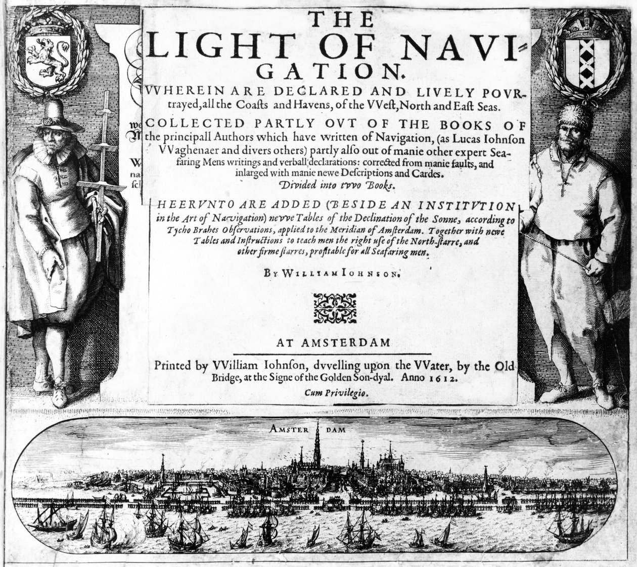 Página de título para La luz de la navegación por William Iohnson, publicado en 1612 de English School