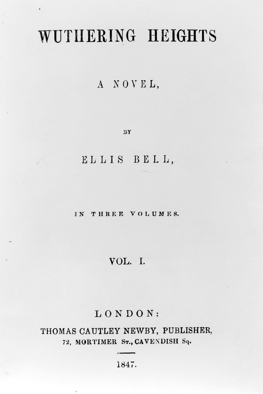 Página de título de la primera edición de Cumbres Borrascosas por Ellis Bell (seudónimo de Emily Brontë), publicada en 1847 de English School