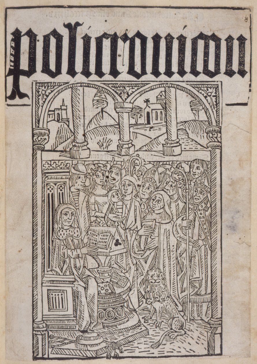 Página de título del Polychronicon de Ranulf Higden (d.1364) impreso por Wynkyn de Worde, 1495 de English School