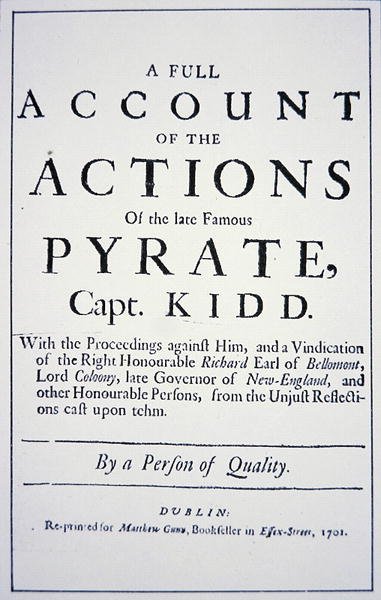 Página de título de una vida del Capitán Pirata William Kidd, publicada en Londres en 1701 (litografía) de English School