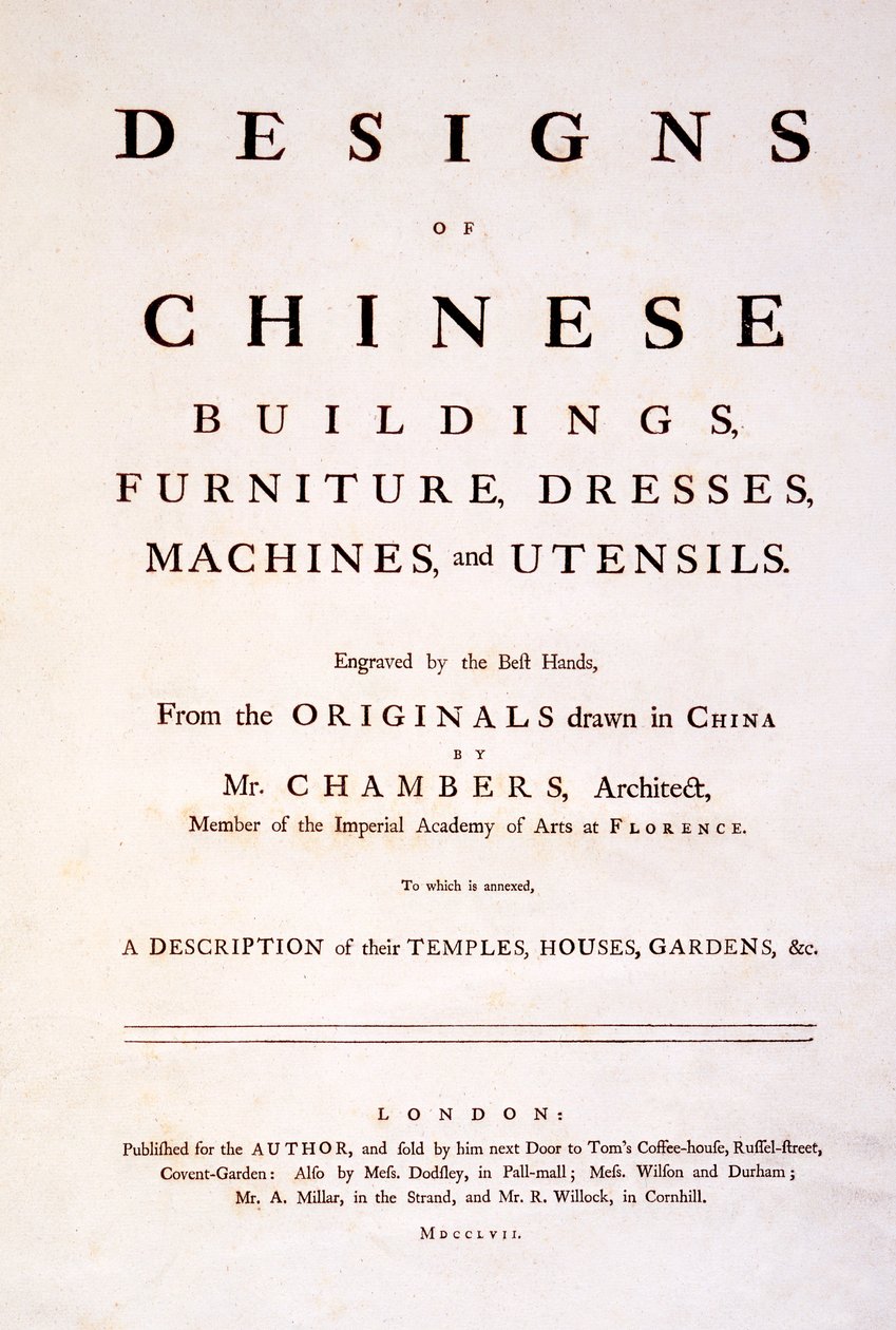 Página de título de Diseños de edificios chinos, muebles, vestidos, máquinas y utensilios, 1757 de English School