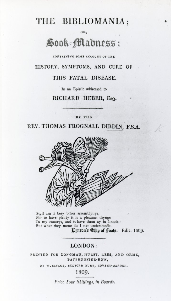 Página de Título de La Bibliomanía por Rev. Thomas Frognall Dibdin, publicado 1809 (papel impreso) de English School