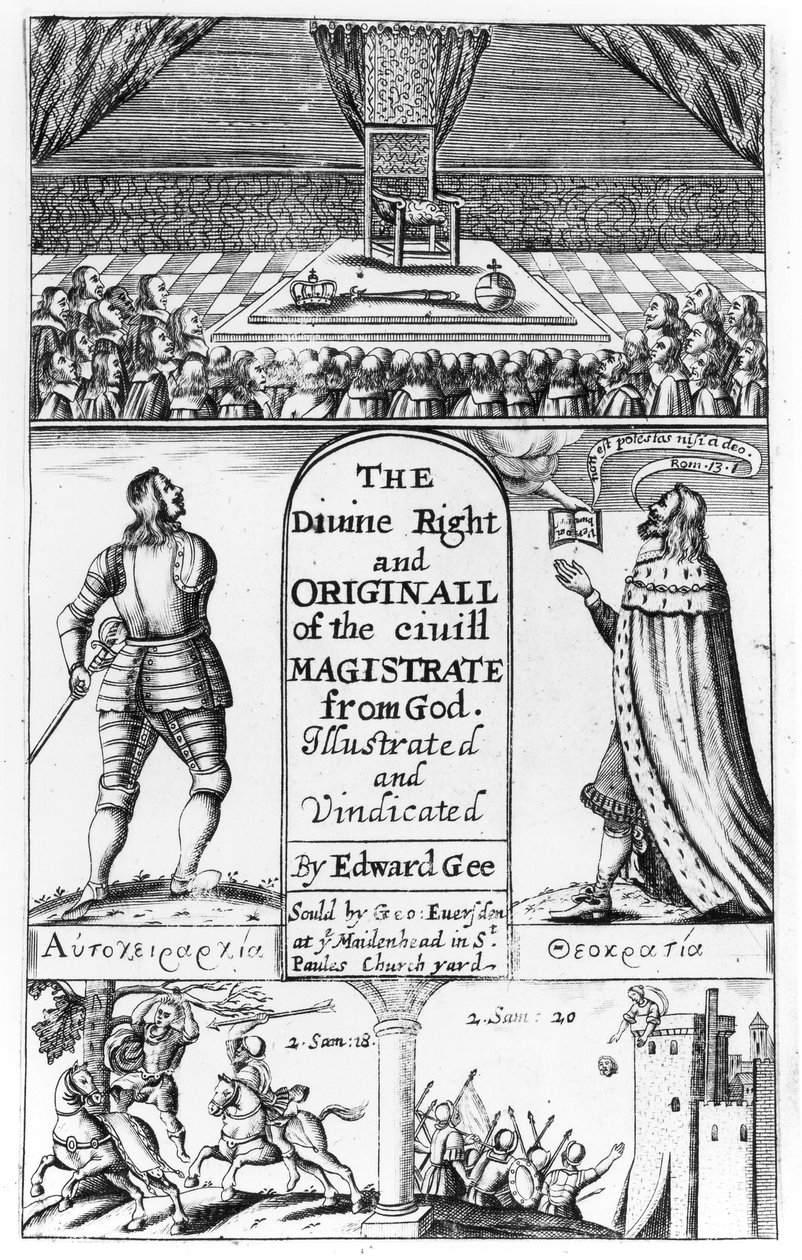 Página de título de El derecho divino y original del magistrado civil de Dios, grabado por Edward Gee, 1658 de English School