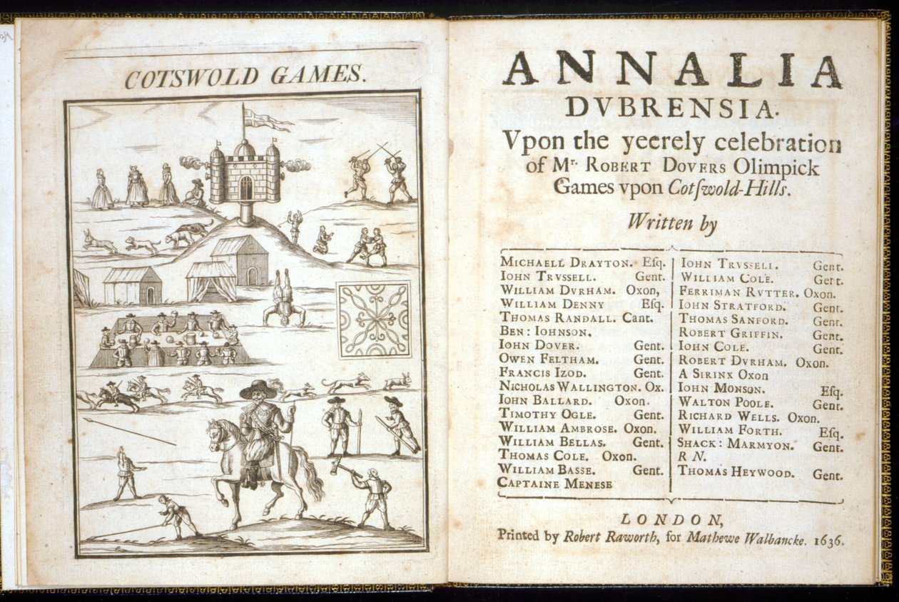 Página de título de Annalia Dubrensia: Sobre la celebración anual de los Juegos Olímpicos del Sr. Robert Dover en las colinas de Cotswold, 1636 de English School