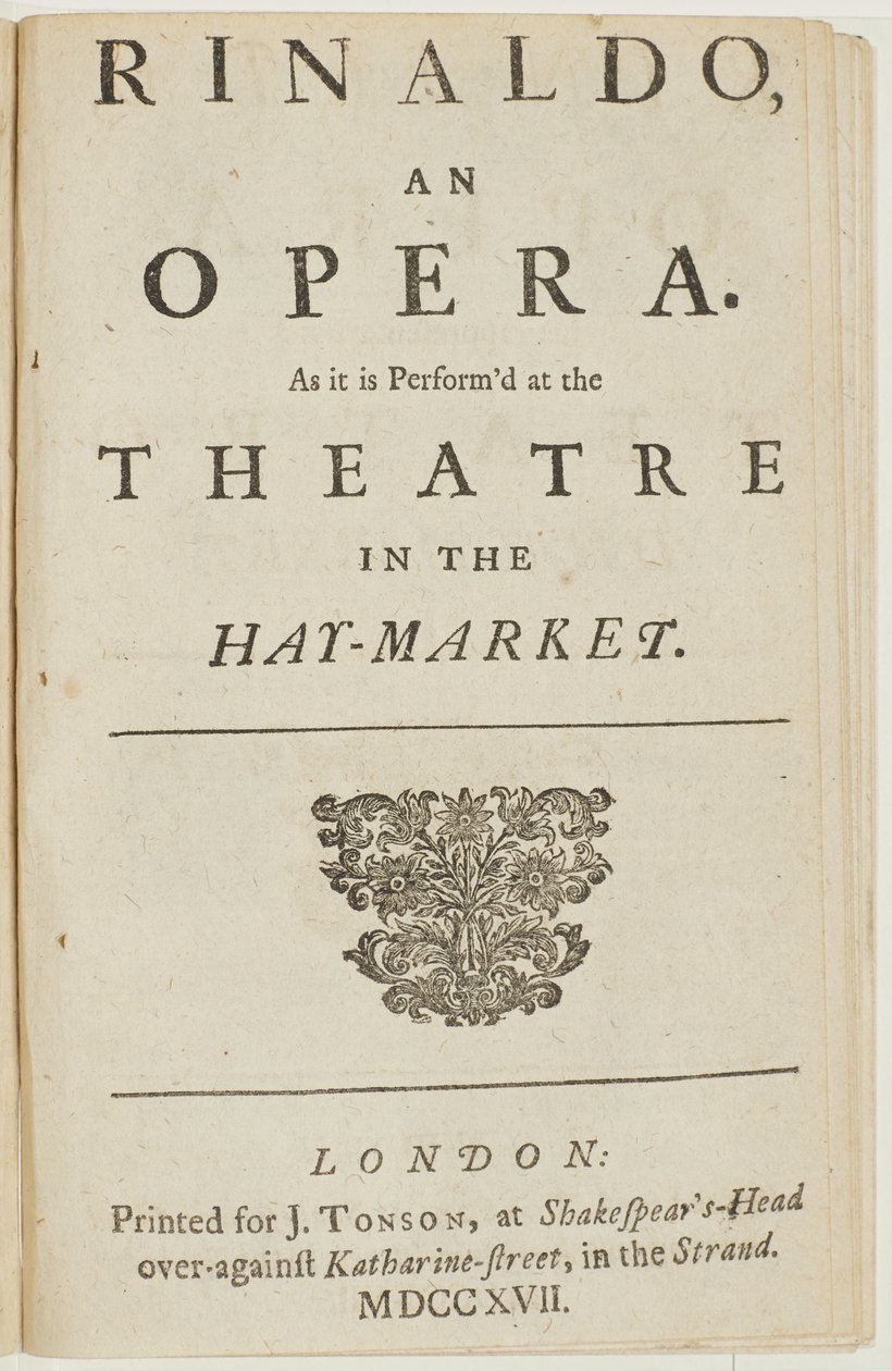 Página del libreto de la ópera "Rinaldo" de Handel, por Giacomo Rossi, 1717 de English School