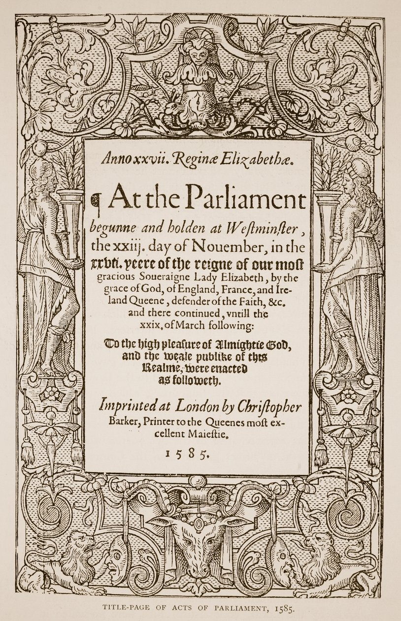 Página de título de Acts of Parliament, impreso por Christopher Barker (1528-99), 1585 de English School