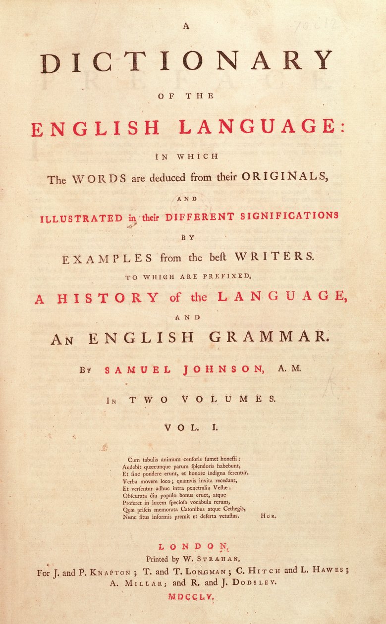 Página de título del Diccionario de la Lengua Humana de Johnson, Londres, 1755 de English School