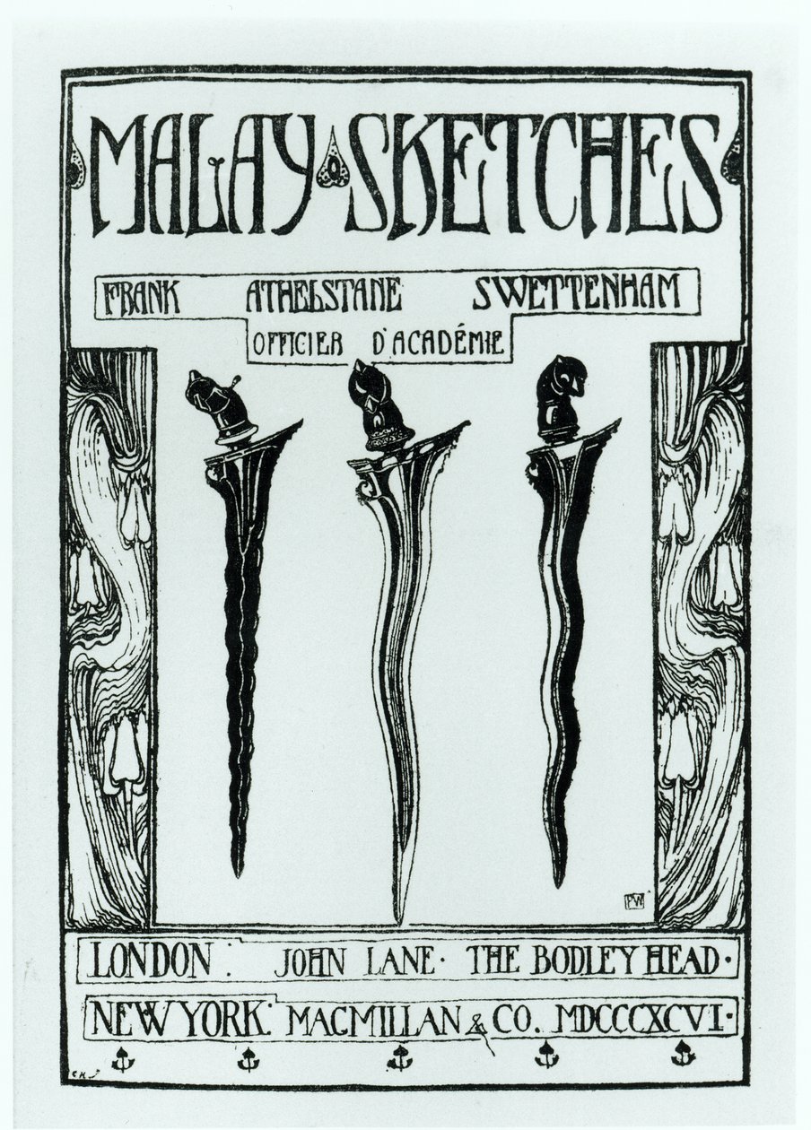 Página de título de Bocetos Malayos por Frank Athelstane Swettenham, publicado en 1896 de English School