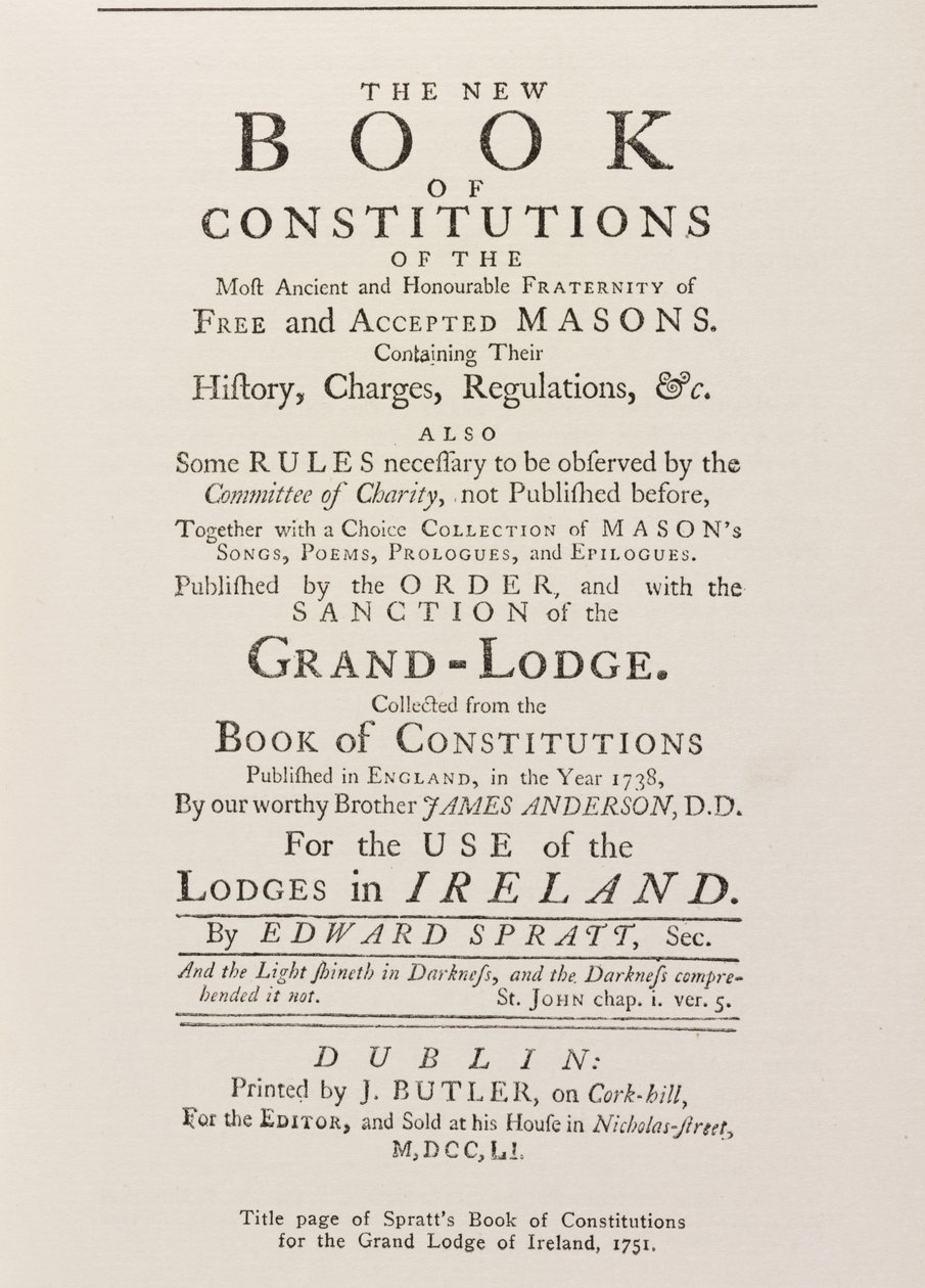 Portada del Libro de Constituciones de Spratt para la Gran Logia en Irlanda, 1751 de English School