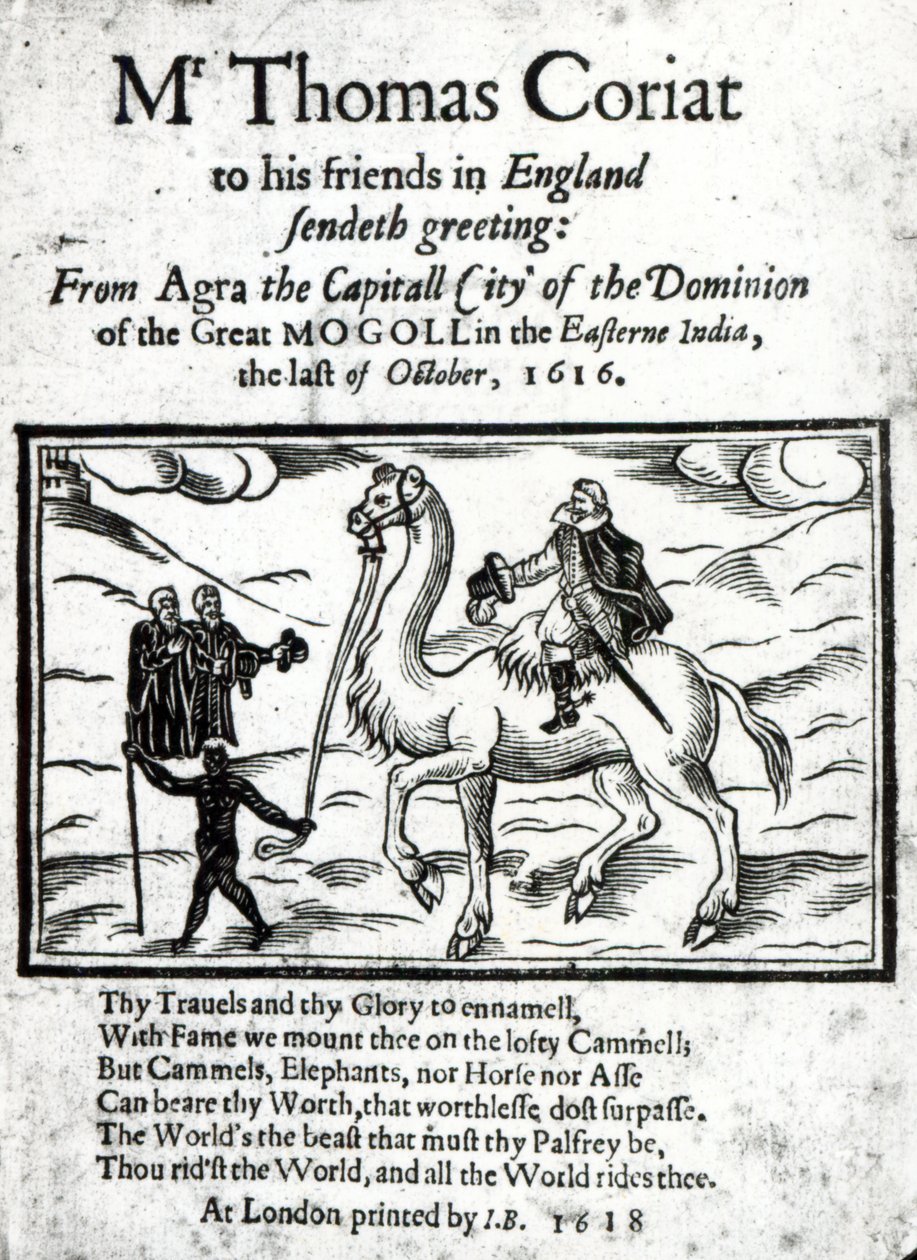Página de título del relato póstumo de los viajes de Thomas Coryat en India, publicado en Londres, 1618 de English School