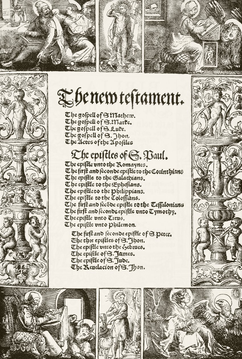 Página de título del Nuevo Testamento de William Tyndale, impreso en 1530s, de The National and Domestic History of England por William Hickman Smith Aubrey, publicado en Londres, c.1890 de English School