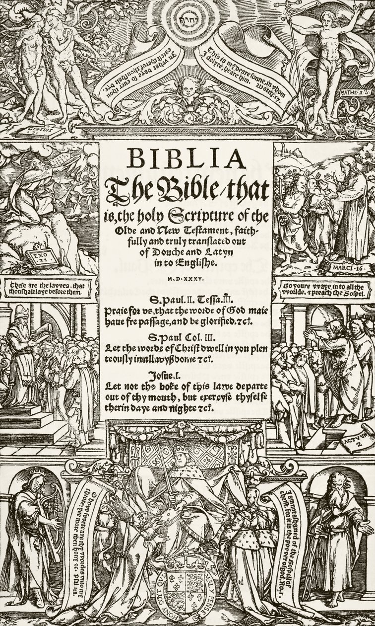 Página de título de la Biblia de Coverdale, impresa en 1535, de The National and Domestic History of England por William Hickman Smith Aubrey, publicado en Londres, c.1890 de English School