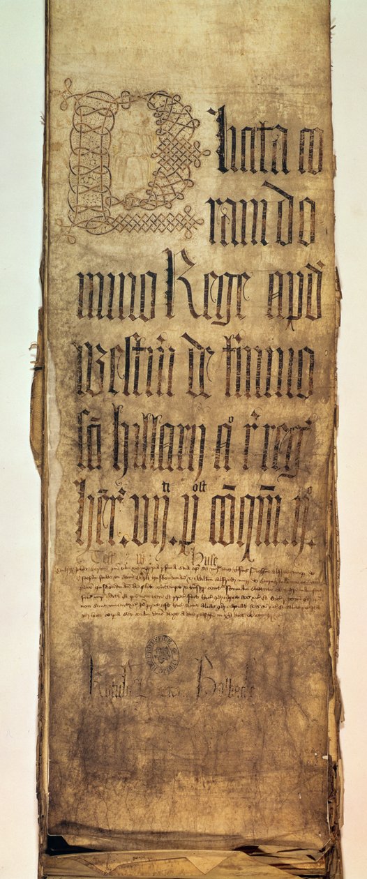 Página de título del rollo de súplicas del Banco del Rey para el término de Hilary, 1487 de English School