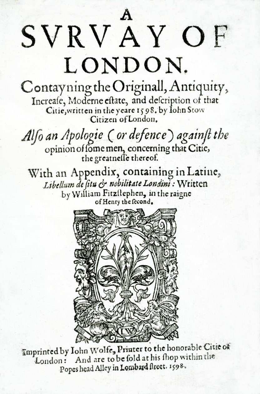 Página de título de Una encuesta de Londres por John Stow, publicada en 1598 de English School