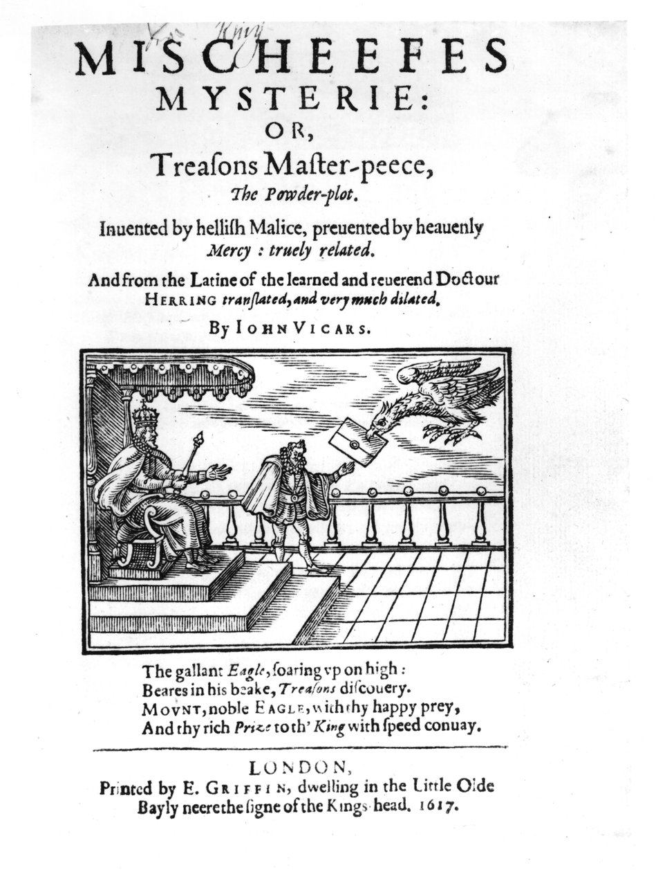 Página de título de Mischeefes Mysterie o Treasons Master-peece, el complot de la pólvora, por John Vickers, 1617 de English School