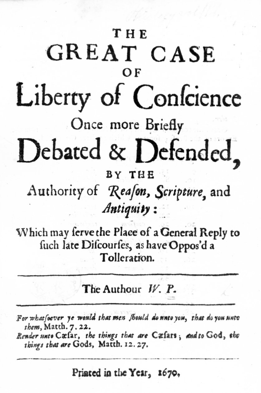 Página de título de El Gran Caso de la Libertad de Conciencia por William Penn, publicado en 1670 de English School