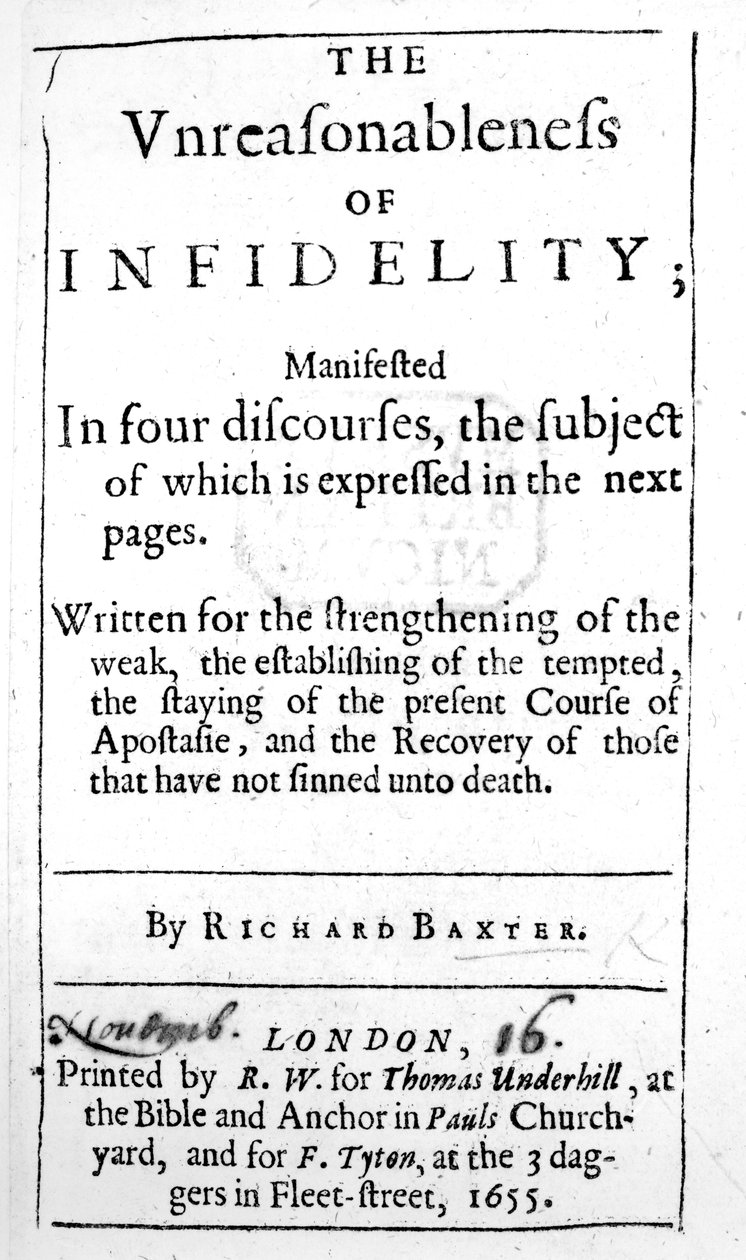 Página de título de La irracionalidad de la infidelidad por Richard Baxter, publicada en 1655 de English School