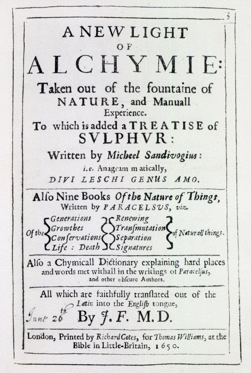 Portada de la edición inglesa de A New Light on Alchemy por Michal Sedziwoj, 1650 de English School