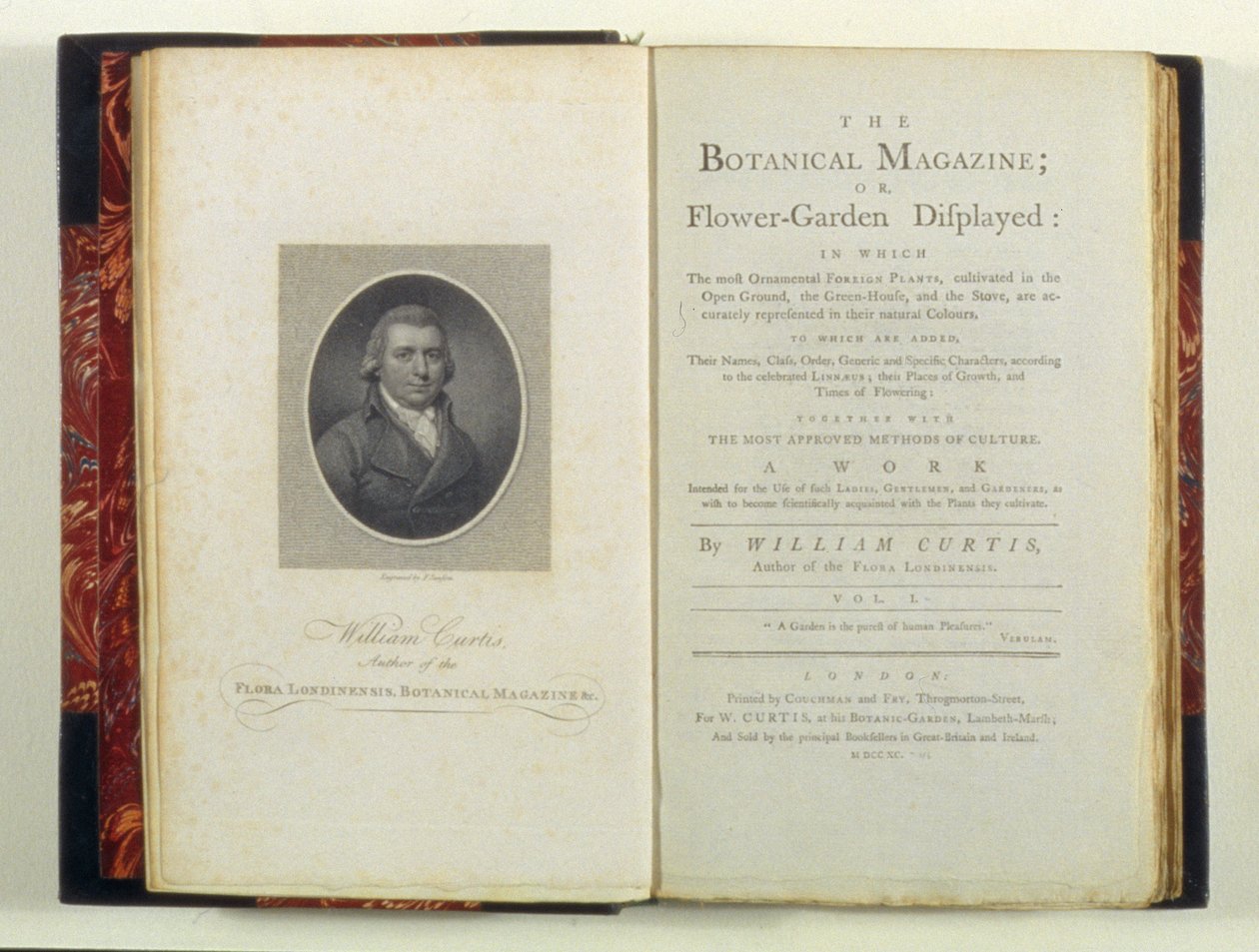Página de título con retrato de William Curtis (1749-99), de The Botanical Magazine or Flower-Garden Displayed, por William Curtis, publicado en 1790 de English School
