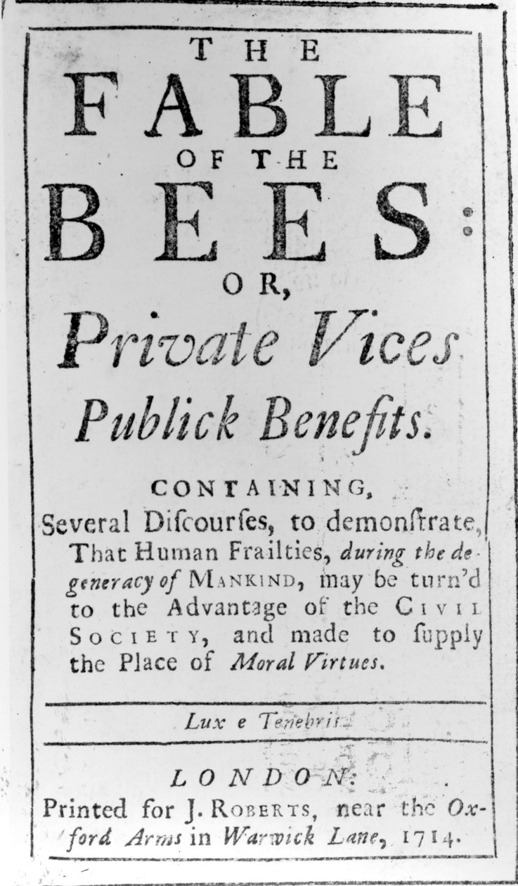 Página de título de The Fable of the Bees de Bernard de Mandeville, 1714 de English School