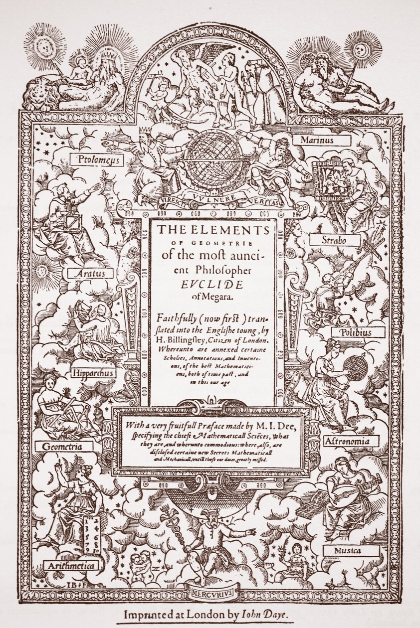 Portada de la temprana traducción de los Elementos de Euclides, impresa por John Day, Londres, 1570-71 de English School