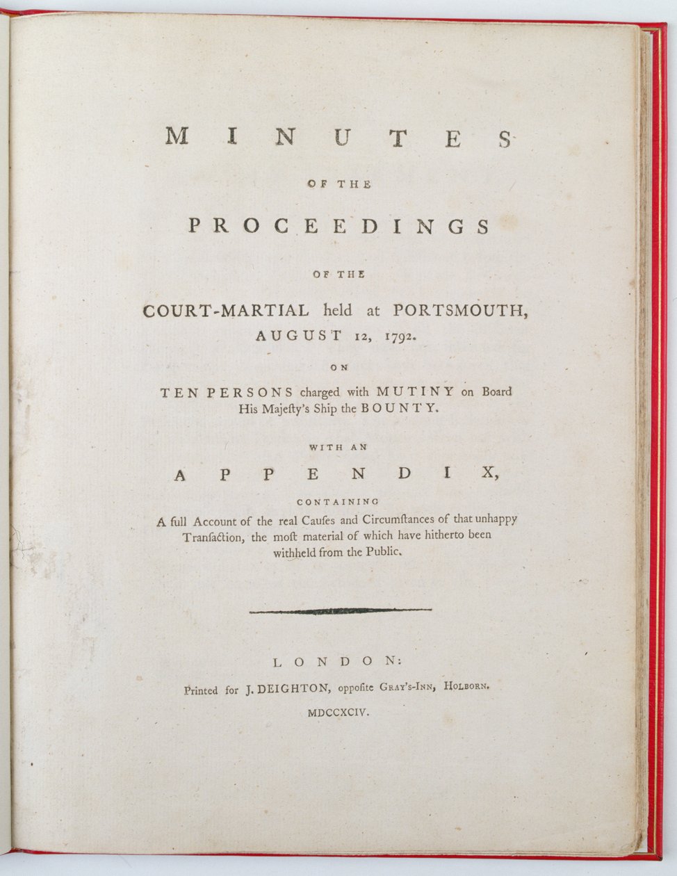 Portada de las Actas del consejo de guerra celebrado en Portsmouth, 12 de agosto de 1792, publicada en Londres, 1794 de English School