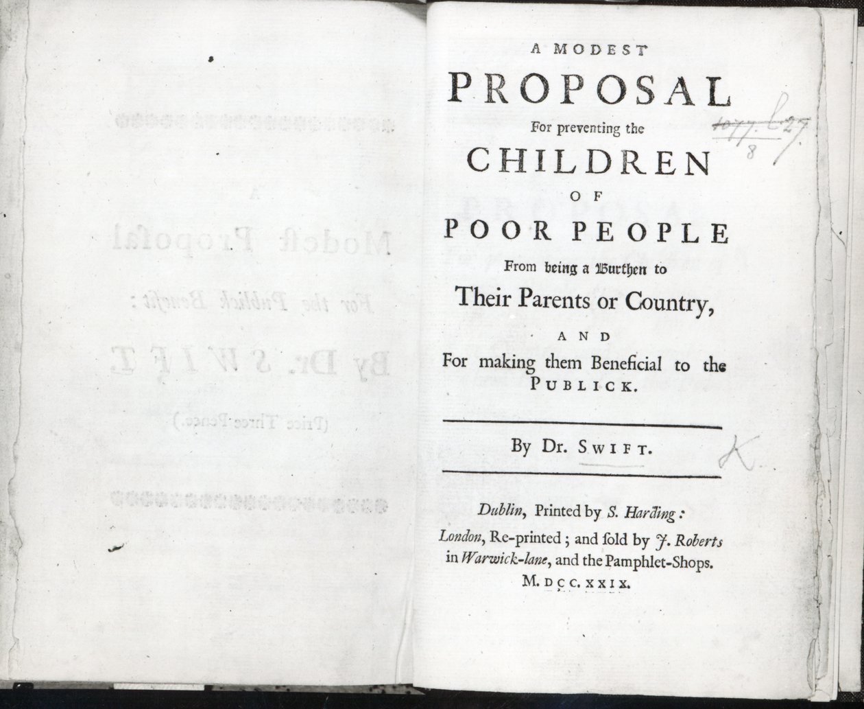 Portada de Una Modesta Propuesta de Jonathan Swift, publicada en 1729 de English School