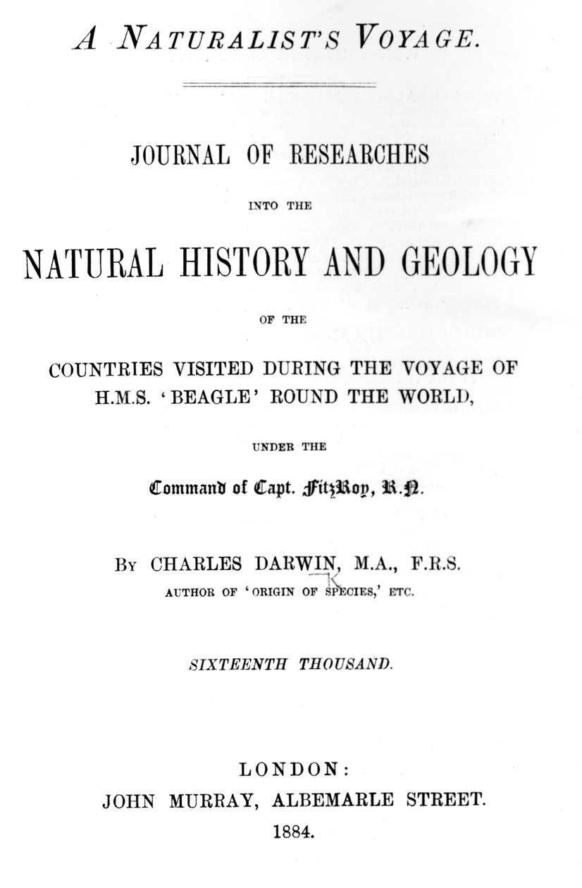 Página de título de A Naturalists Voyage Around the World de Charles Darwin, edición publicada en 1884 de English School