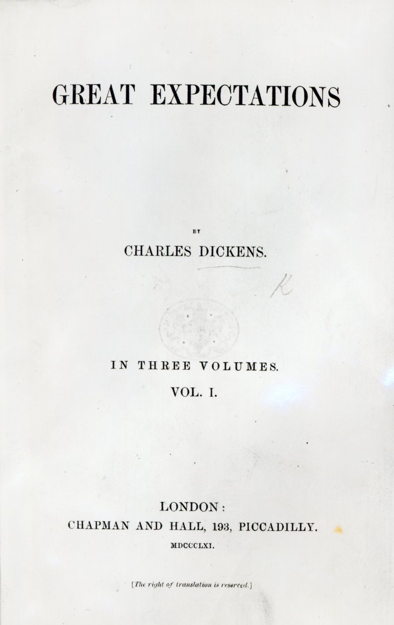 Portada de Grandes Esperanzas de Charles Dickens, primera edición, 1861 de English School