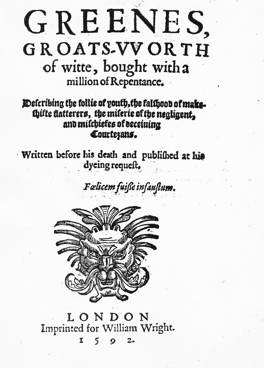 Portada de La Groats-Worth of Wit de Greene, atribuida a Robert Greene, publicada en 1592 de English School