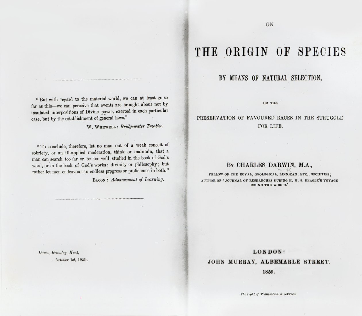 Portada de Sobre el Origen de las Especies de Charles Darwin, publicada en 1859 de English School