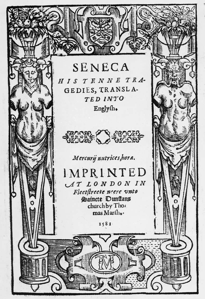 Portada de Senecas Tenne Tragedies traducidas al inglés, publicadas en 1581 de English School
