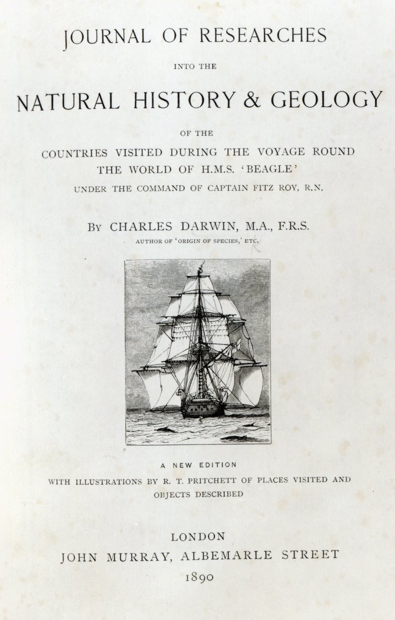 Portada de El Viaje del Beagle de Charles Darwin, edición publicada en 1890 de English School