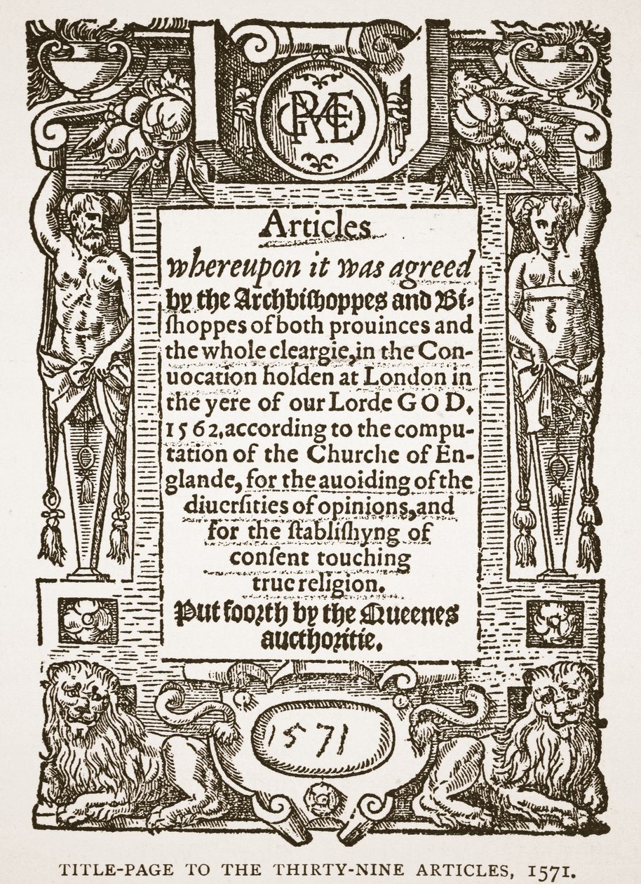 Portada de los Treinta y Nueve Artículos, 1571, ilustración de The Church of England: A History for the People por H.D.M. Spence-Jones de English School