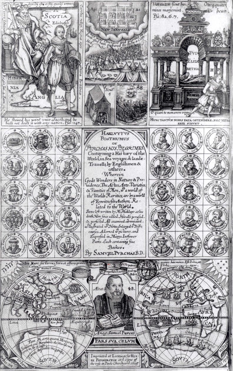 Página de título de la primera edición de Hakluytus Posthumus o Purchas Sus Peregrinos, publicado en 1625 de English School