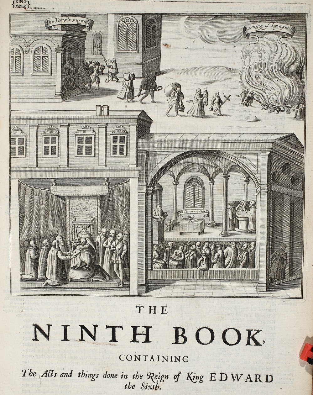 Portada del noveno libro, ilustración de Hechos y Monumentos de John Foxe, novena edición, pub. 1684 de English School