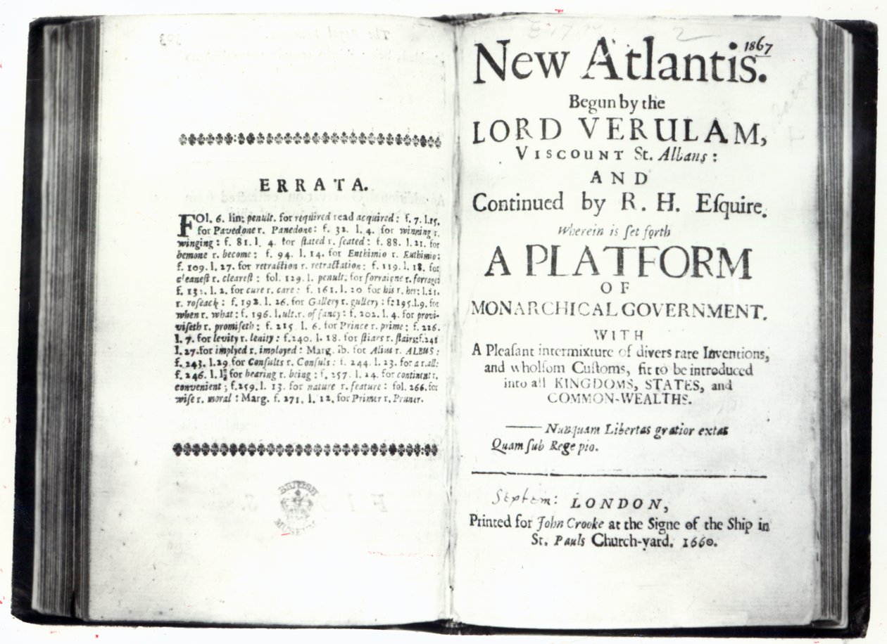 Portadas de La Nueva Atlántida de Francis Bacon, edición publicada en 1660 de English School