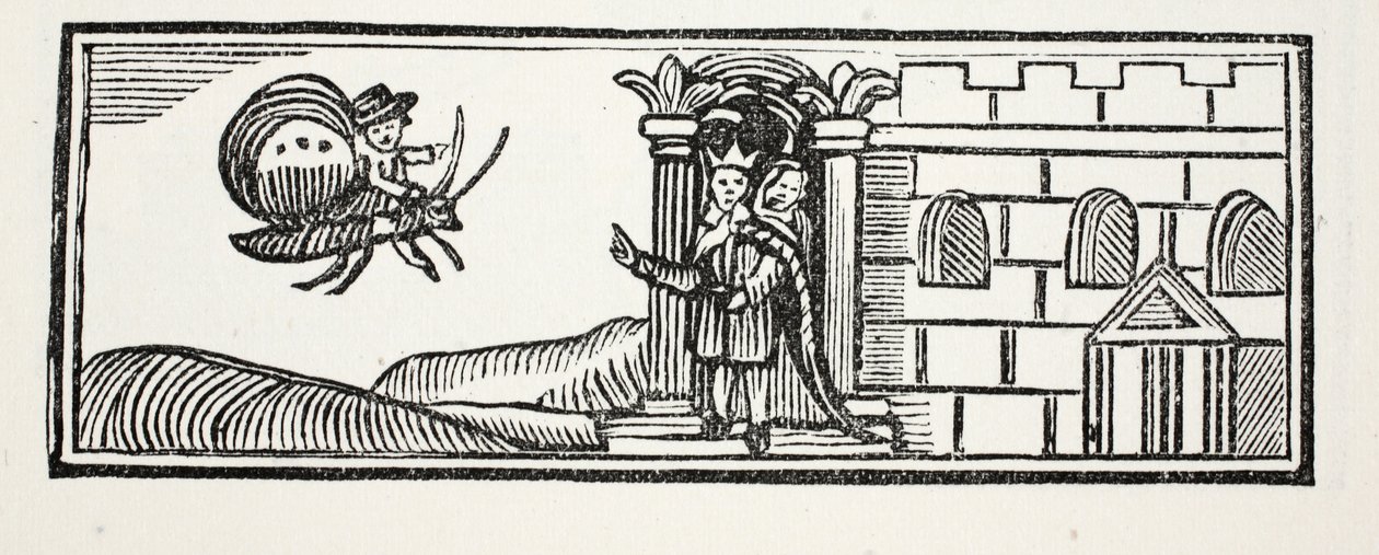 Tom se escondió e intentó escapar en el lomo de una mariposa, ilustración de Chap-books del Siglo XVIII de John Ashton, pub. 1882 de English School