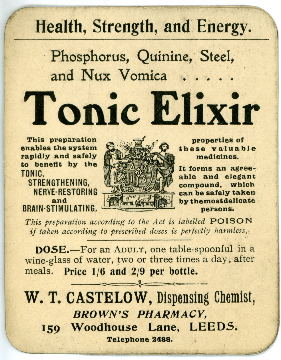 Etiqueta de Elixir Tónico, principios del siglo XX de English School