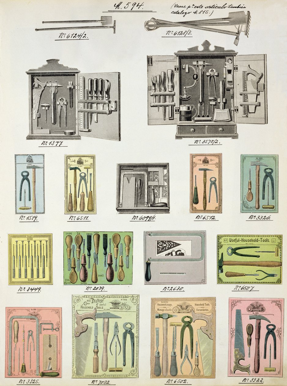 Herramientas y cajas de herramientas de un catálogo comercial de bienes y accesorios domésticos, c.1890-1910 de English School